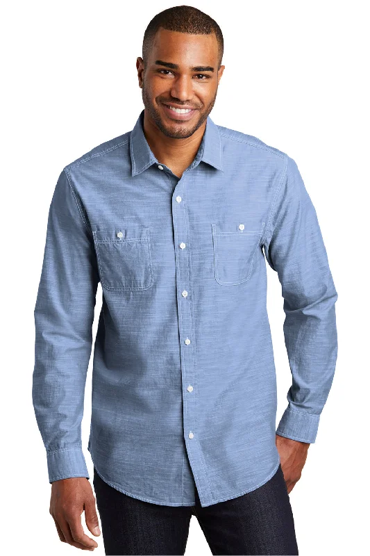 Port Authority Mens Slub Chambray Long Sleeve Button Down Shirt w/ Double Pockets - Light Blue