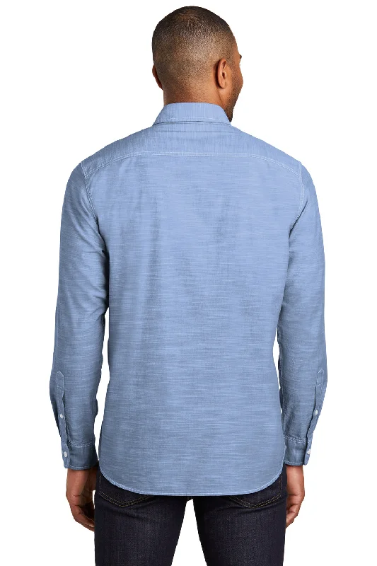 Port Authority Mens Slub Chambray Long Sleeve Button Down Shirt w/ Double Pockets - Light Blue