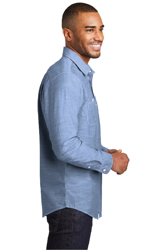 Port Authority Mens Slub Chambray Long Sleeve Button Down Shirt w/ Double Pockets - Light Blue