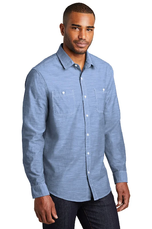 Port Authority Mens Slub Chambray Long Sleeve Button Down Shirt w/ Double Pockets - Light Blue