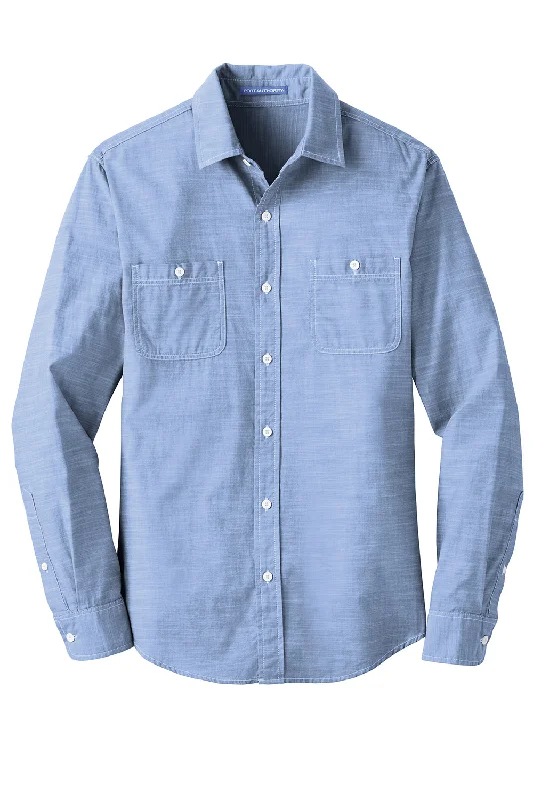 Port Authority Mens Slub Chambray Long Sleeve Button Down Shirt w/ Double Pockets - Light Blue