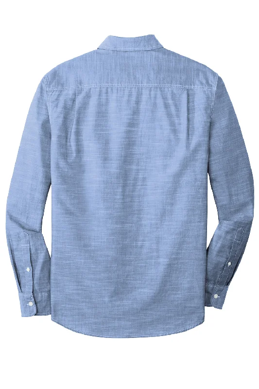 Port Authority Mens Slub Chambray Long Sleeve Button Down Shirt w/ Double Pockets - Light Blue