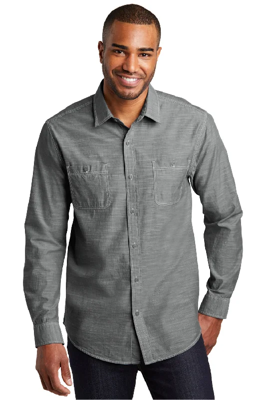 Port Authority Mens Slub Chambray Long Sleeve Button Down Shirt w/ Double Pockets - Grey