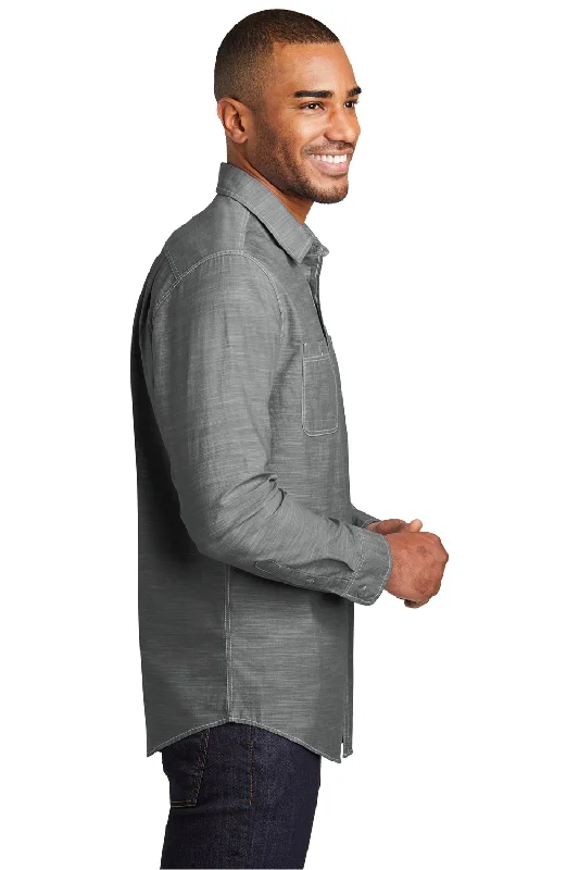 Port Authority Mens Slub Chambray Long Sleeve Button Down Shirt w/ Double Pockets - Grey