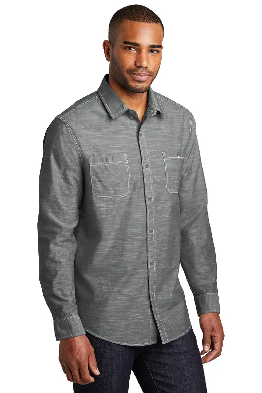 Port Authority Mens Slub Chambray Long Sleeve Button Down Shirt w/ Double Pockets - Grey