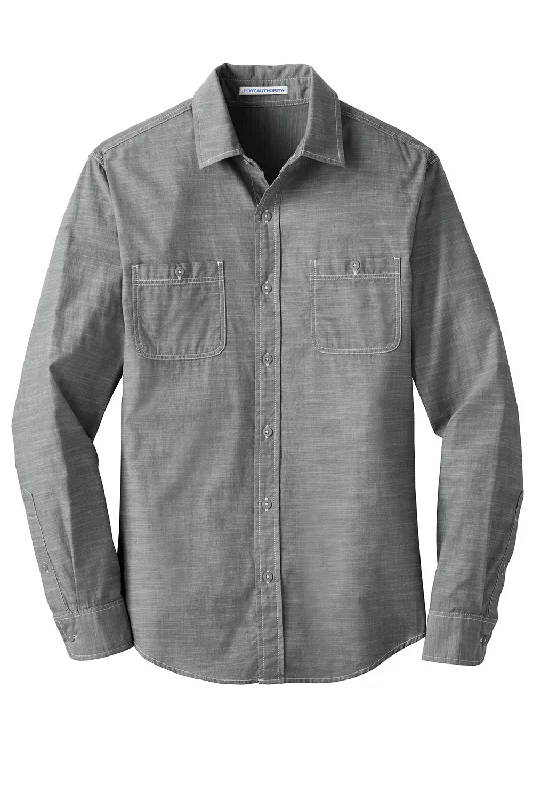 Port Authority Mens Slub Chambray Long Sleeve Button Down Shirt w/ Double Pockets - Grey