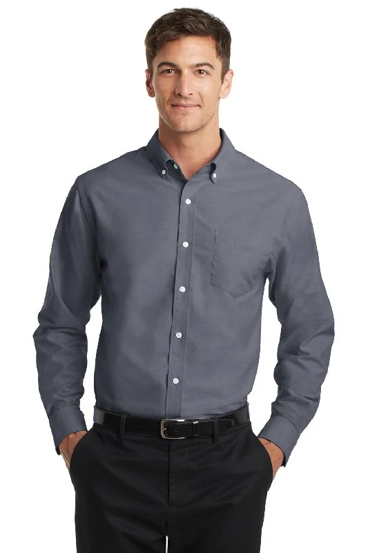 Port Authority Mens SuperPro Oxford Wrinkle Resistant Long Sleeve Button Down Shirt w/ Pocket - Black