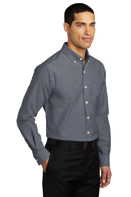 Port Authority Mens SuperPro Oxford Wrinkle Resistant Long Sleeve Button Down Shirt w/ Pocket - Black