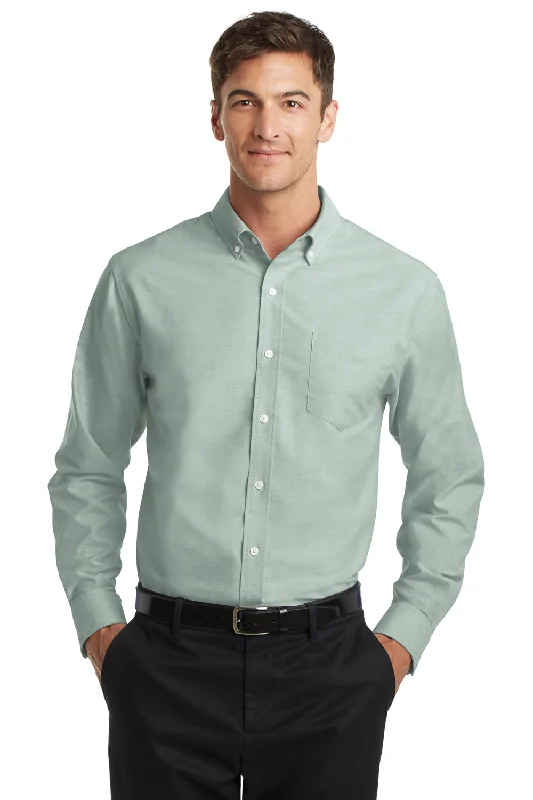 Port Authority Mens SuperPro Oxford Wrinkle Resistant Long Sleeve Button Down Shirt w/ Pocket - Green