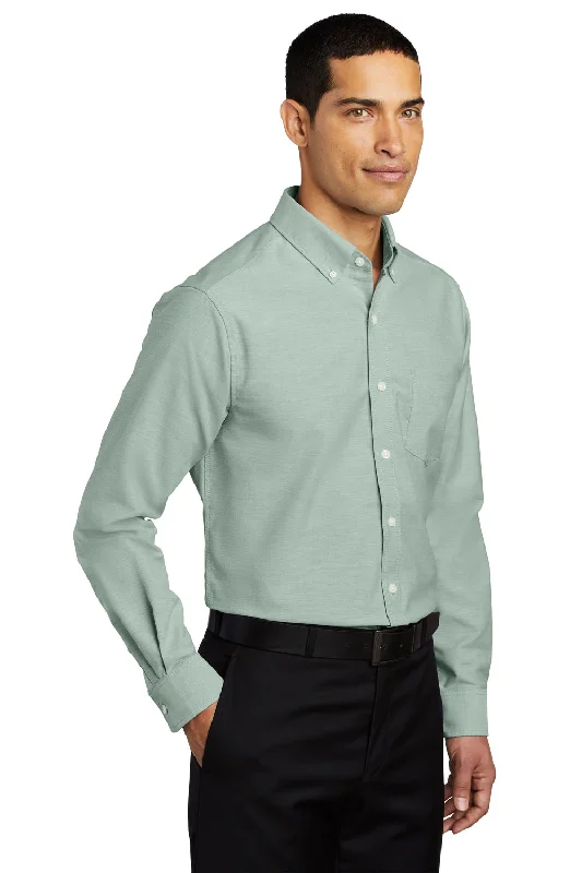 Port Authority Mens SuperPro Oxford Wrinkle Resistant Long Sleeve Button Down Shirt w/ Pocket - Green