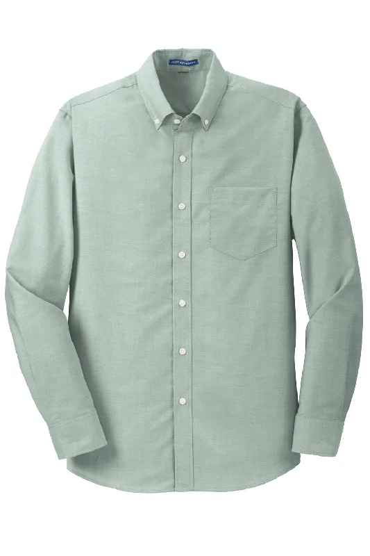 Port Authority Mens SuperPro Oxford Wrinkle Resistant Long Sleeve Button Down Shirt w/ Pocket - Green