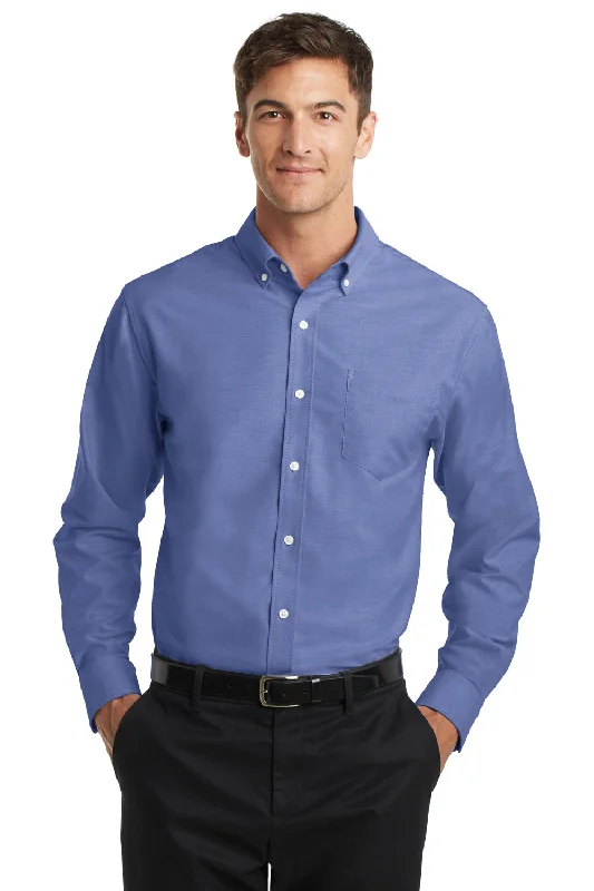 Port Authority Mens SuperPro Oxford Wrinkle Resistant Long Sleeve Button Down Shirt w/ Pocket - Navy Blue