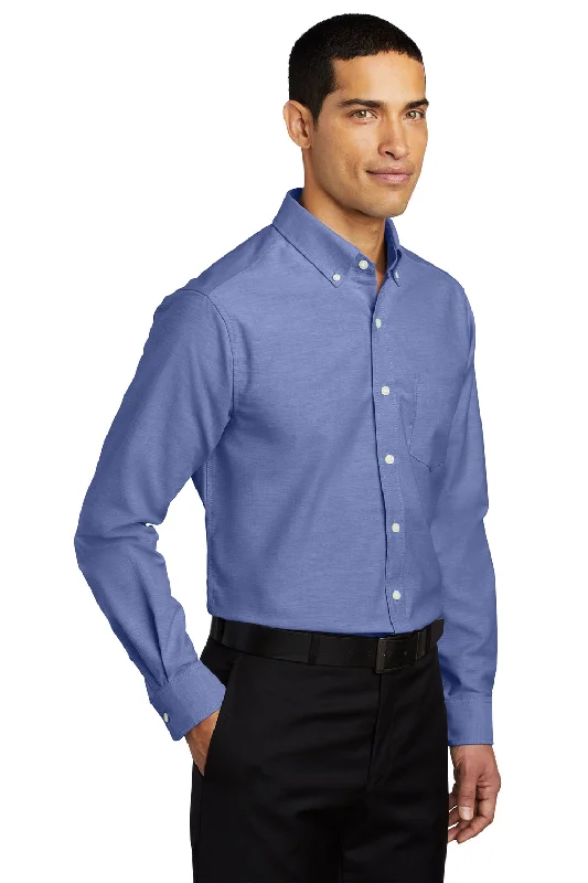 Port Authority Mens SuperPro Oxford Wrinkle Resistant Long Sleeve Button Down Shirt w/ Pocket - Navy Blue