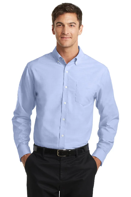 Port Authority Mens SuperPro Oxford Wrinkle Resistant Long Sleeve Button Down Shirt w/ Pocket - Oxford Blue