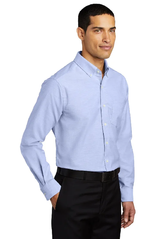 Port Authority Mens SuperPro Oxford Wrinkle Resistant Long Sleeve Button Down Shirt w/ Pocket - Oxford Blue