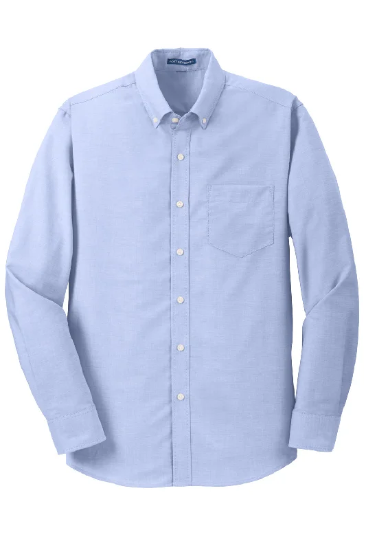 Port Authority Mens SuperPro Oxford Wrinkle Resistant Long Sleeve Button Down Shirt w/ Pocket - Oxford Blue