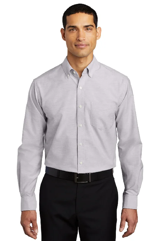 Port Authority Mens SuperPro Oxford Wrinkle Resistant Long Sleeve Button Down Shirt w/ Pocket - Gusty Grey