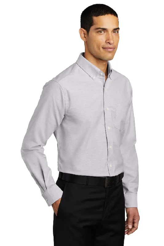 Port Authority Mens SuperPro Oxford Wrinkle Resistant Long Sleeve Button Down Shirt w/ Pocket - Gusty Grey