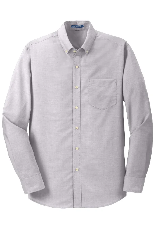 Port Authority Mens SuperPro Oxford Wrinkle Resistant Long Sleeve Button Down Shirt w/ Pocket - Gusty Grey