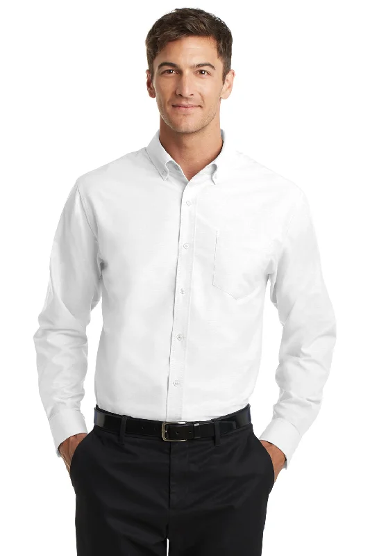 Port Authority Mens SuperPro Oxford Wrinkle Resistant Long Sleeve Button Down Shirt w/ Pocket - White