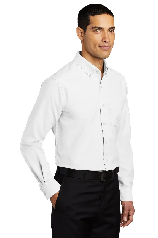 Port Authority Mens SuperPro Oxford Wrinkle Resistant Long Sleeve Button Down Shirt w/ Pocket - White