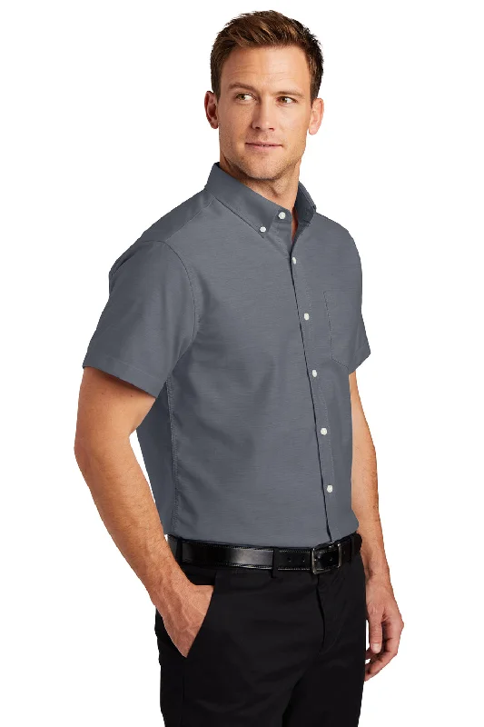 Port Authority Mens SuperPro Oxford Wrinkle Resistant Short Sleeve Button Down Shirt w/ Pocket - Black