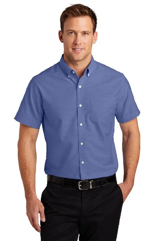 Port Authority Mens SuperPro Oxford Wrinkle Resistant Short Sleeve Button Down Shirt w/ Pocket - Navy Blue