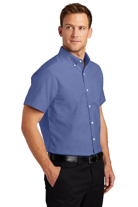 Port Authority Mens SuperPro Oxford Wrinkle Resistant Short Sleeve Button Down Shirt w/ Pocket - Navy Blue