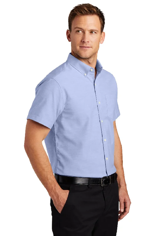 Port Authority Mens SuperPro Oxford Wrinkle Resistant Short Sleeve Button Down Shirt w/ Pocket - Oxford Blue