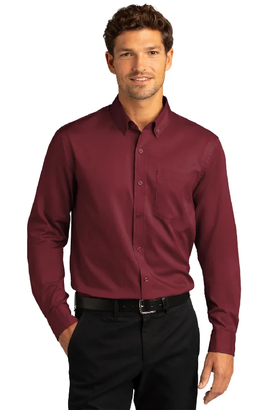 Port Authority Mens SuperPro Wrinkle Resistant React Long Sleeve Button Down Shirt w/ Pocket - Burgundy