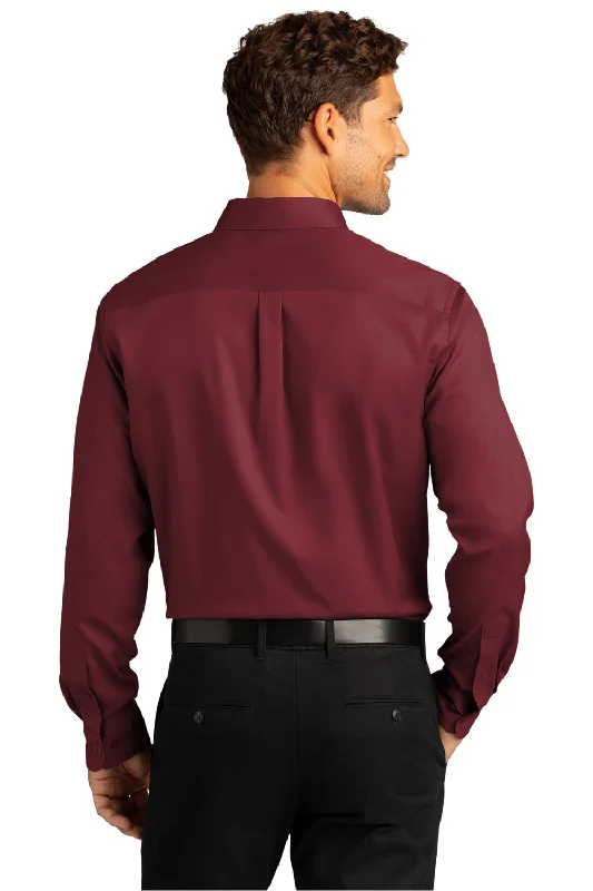 Port Authority Mens SuperPro Wrinkle Resistant React Long Sleeve Button Down Shirt w/ Pocket - Burgundy