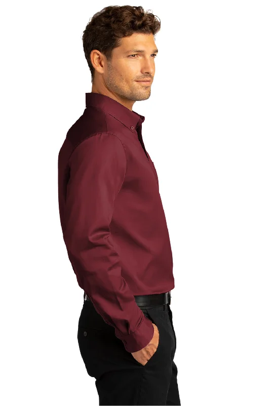 Port Authority Mens SuperPro Wrinkle Resistant React Long Sleeve Button Down Shirt w/ Pocket - Burgundy