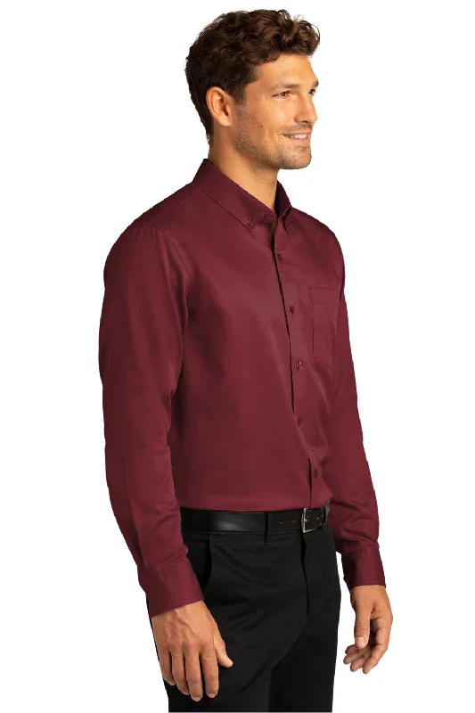 Port Authority Mens SuperPro Wrinkle Resistant React Long Sleeve Button Down Shirt w/ Pocket - Burgundy