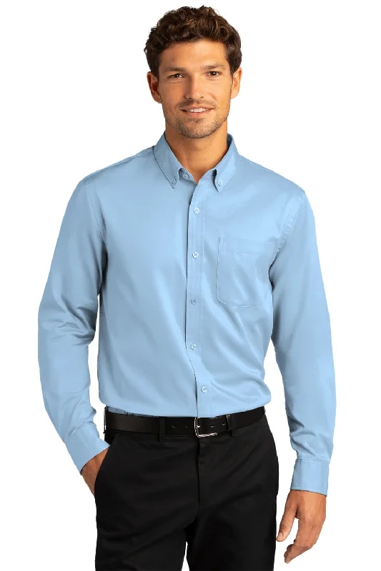 Port Authority Mens SuperPro Wrinkle Resistant React Long Sleeve Button Down Shirt w/ Pocket - Cloud Blue