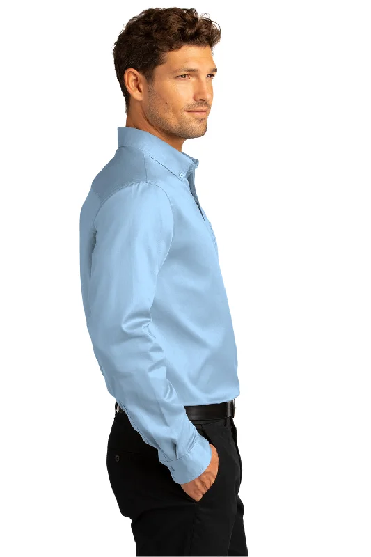 Port Authority Mens SuperPro Wrinkle Resistant React Long Sleeve Button Down Shirt w/ Pocket - Cloud Blue