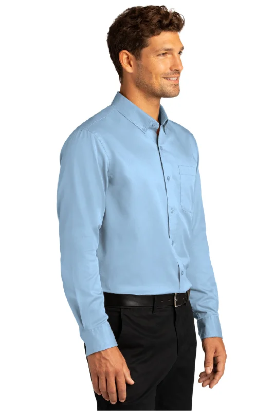 Port Authority Mens SuperPro Wrinkle Resistant React Long Sleeve Button Down Shirt w/ Pocket - Cloud Blue