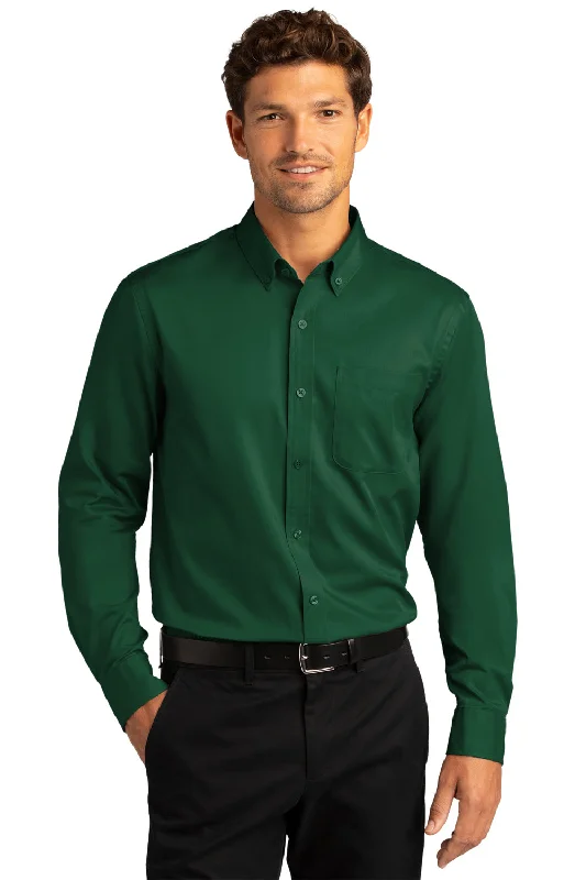 Port Authority Mens SuperPro Wrinkle Resistant React Long Sleeve Button Down Shirt w/ Pocket - Dark Green