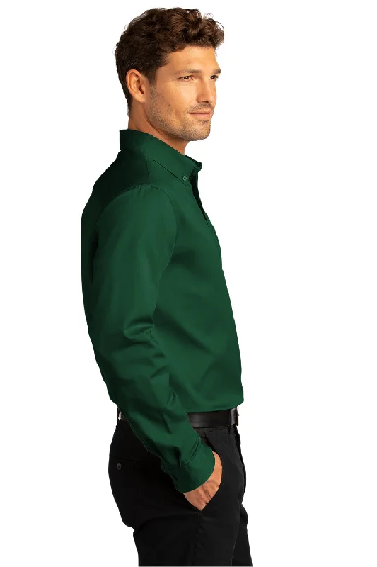 Port Authority Mens SuperPro Wrinkle Resistant React Long Sleeve Button Down Shirt w/ Pocket - Dark Green