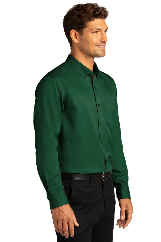 Port Authority Mens SuperPro Wrinkle Resistant React Long Sleeve Button Down Shirt w/ Pocket - Dark Green