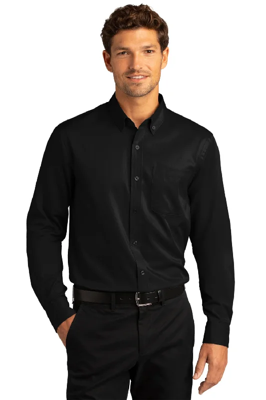 Port Authority Mens SuperPro Wrinkle Resistant React Long Sleeve Button Down Shirt w/ Pocket - Deep Black