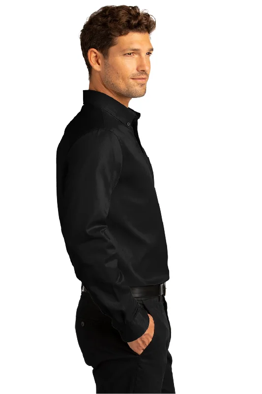 Port Authority Mens SuperPro Wrinkle Resistant React Long Sleeve Button Down Shirt w/ Pocket - Deep Black