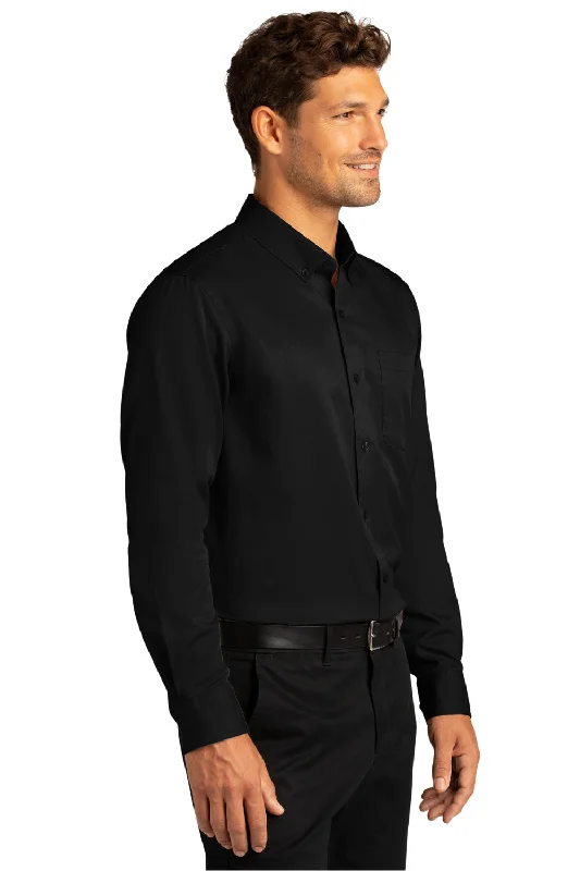 Port Authority Mens SuperPro Wrinkle Resistant React Long Sleeve Button Down Shirt w/ Pocket - Deep Black