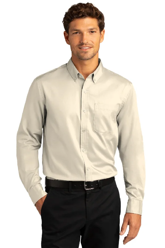 Port Authority Mens SuperPro Wrinkle Resistant React Long Sleeve Button Down Shirt w/ Pocket - Ecru