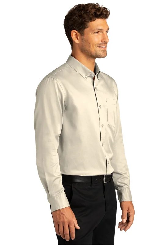 Port Authority Mens SuperPro Wrinkle Resistant React Long Sleeve Button Down Shirt w/ Pocket - Ecru