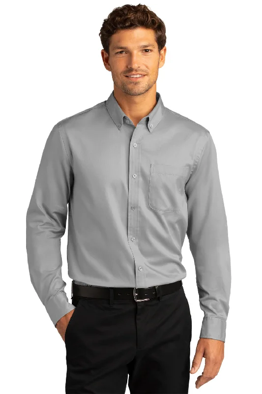 Port Authority Mens SuperPro Wrinkle Resistant React Long Sleeve Button Down Shirt w/ Pocket - Gusty Grey