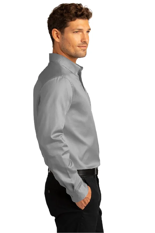 Port Authority Mens SuperPro Wrinkle Resistant React Long Sleeve Button Down Shirt w/ Pocket - Gusty Grey