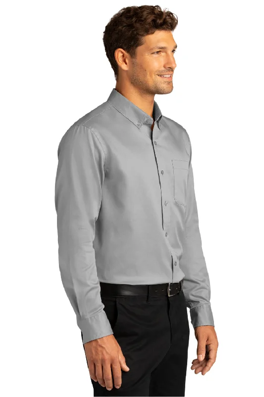 Port Authority Mens SuperPro Wrinkle Resistant React Long Sleeve Button Down Shirt w/ Pocket - Gusty Grey