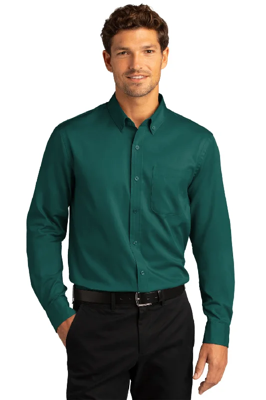 Port Authority Mens SuperPro Wrinkle Resistant React Long Sleeve Button Down Shirt w/ Pocket - Marine Green