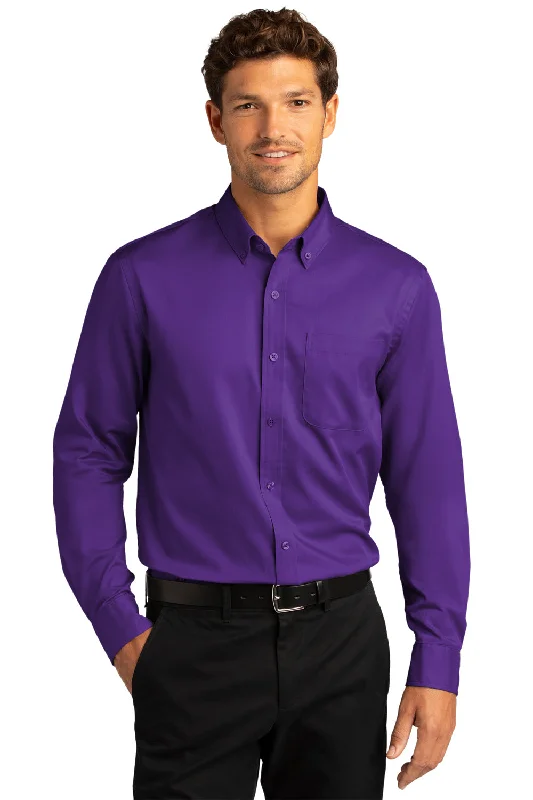 Port Authority Mens SuperPro Wrinkle Resistant React Long Sleeve Button Down Shirt w/ Pocket - Purple