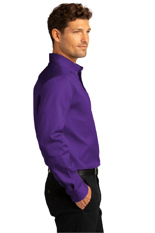 Port Authority Mens SuperPro Wrinkle Resistant React Long Sleeve Button Down Shirt w/ Pocket - Purple